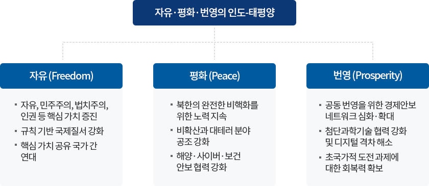 
                        자유·평화·번영의 인도-태평양 | 
                        자유 (Freedom) : '자유, 민주주의, 법치주의 인권 등 핵심 가치 증진', '규칙 기반 국제질서 강화', '핵심 가치 공유 국가 간 연대'
                        평화 (Peace) : '북한의 완전한 비핵화를 위한 노력 지속', '비확산과 대테러 분야 공조 강화', '해양·사이버·보건 안보 협력 강화'
                        번영 (Prosperity) : '공동 변영을 위한 경제안보 네트워크 심화·확대', '첨단과학기술 협력 강화 및 디지털 격차 해소', '초국가적 도전 과제에 대한 회복력 확보'
                        